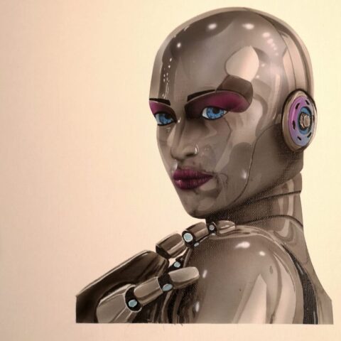 Chrome Robot - Airbrush on Canvas 30x30 cm - Melanie Hill