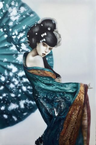 Geisha_1 - Airbrush & Acryl Pouring on Canvas 80x100 cm - Melanie Hill
