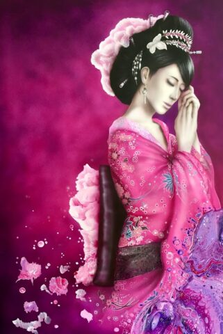 Geisha_2 - Airbrush & Acryl Pouring on Canvas 80x100 cm - Melanie Hill